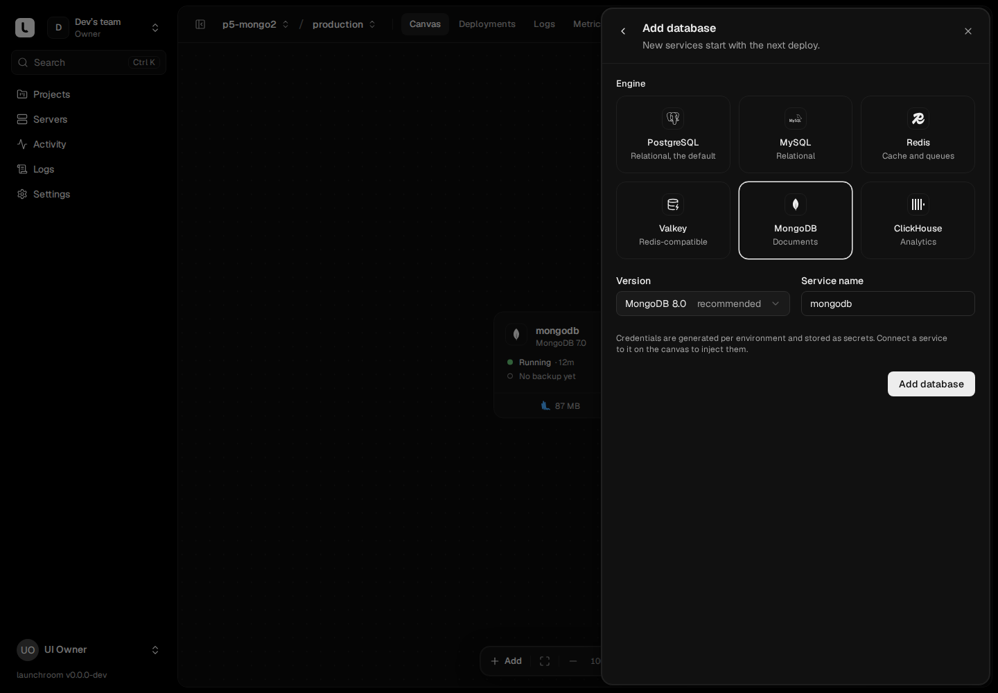 Add database sheet with engine choices PostgreSQL, MySQL, Redis, Valkey, MongoDB and ClickHouse, a version picker and a service name.