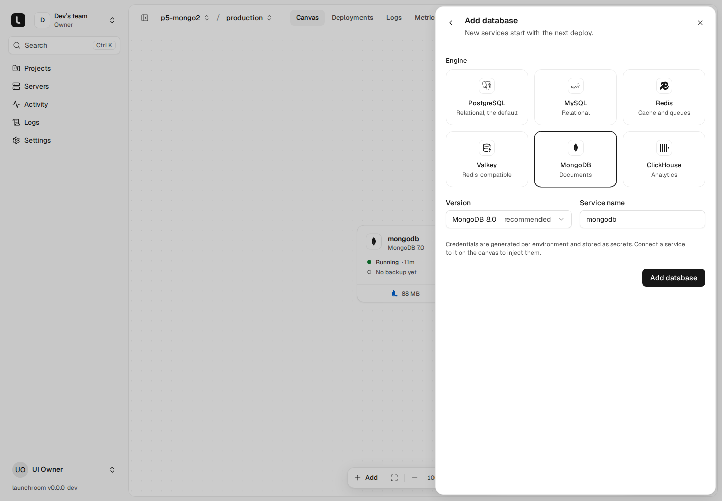 Add database sheet with engine choices PostgreSQL, MySQL, Redis, Valkey, MongoDB and ClickHouse, a version picker and a service name.