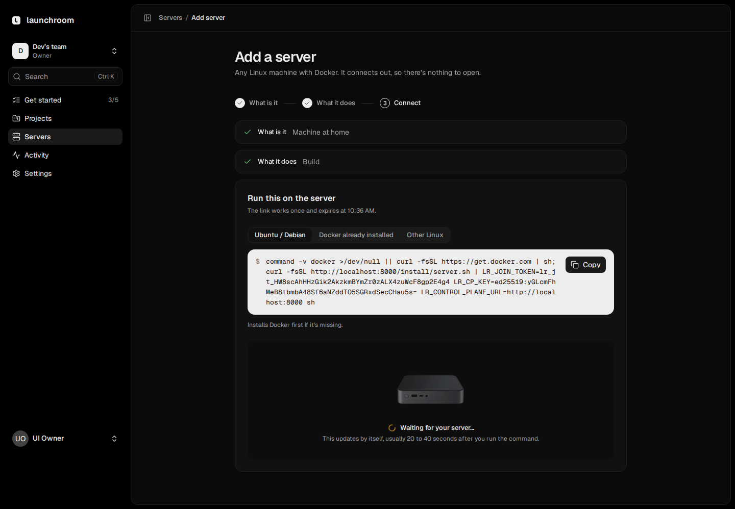 Add a server, step Connect: a one-line install command with OS tabs and a Copy button, and a mini PC illustration waiting for the server to connect.