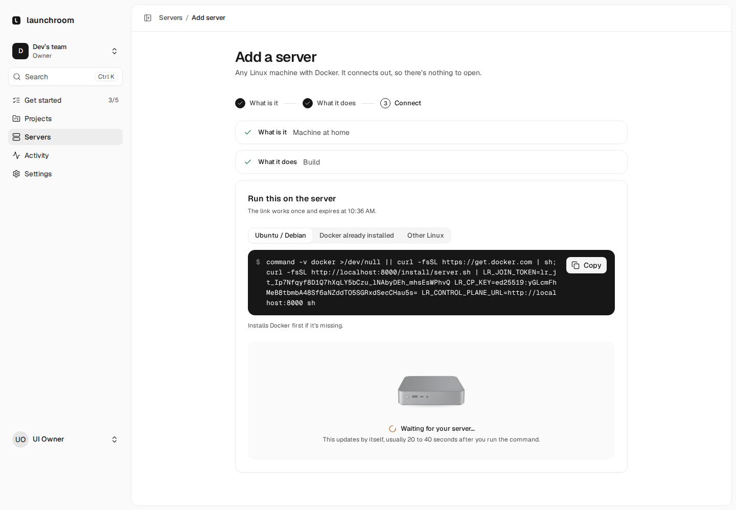 Add a server, step Connect: a one-line install command with OS tabs and a Copy button, and a mini PC illustration waiting for the server to connect.