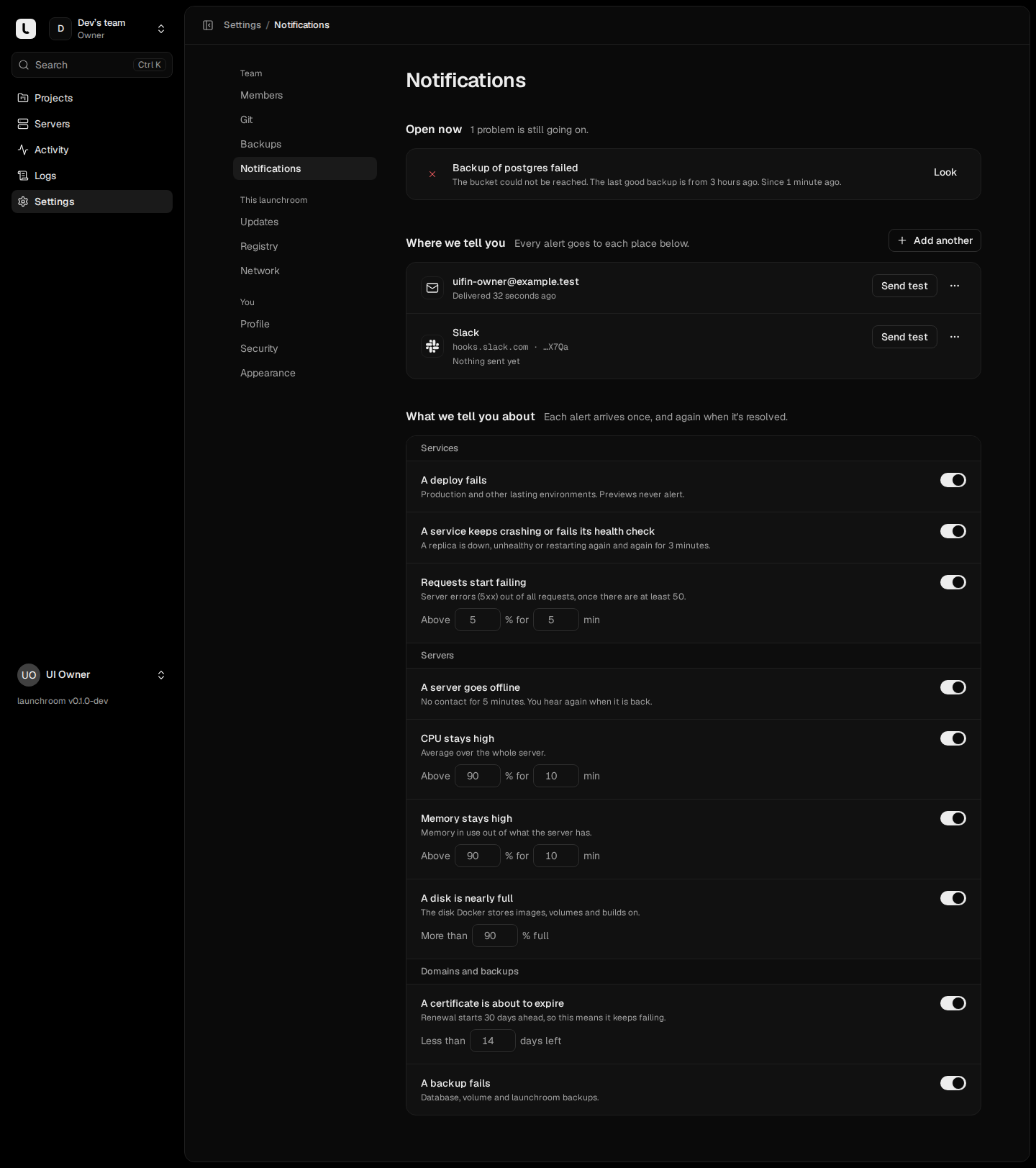 Notifications settings: two open problems, email and Slack destinations with Send test, and alert rules for failed deploys, crashing services, request errors, offline servers, high CPU and memory, full disks, expiring certificates and failed backups.
