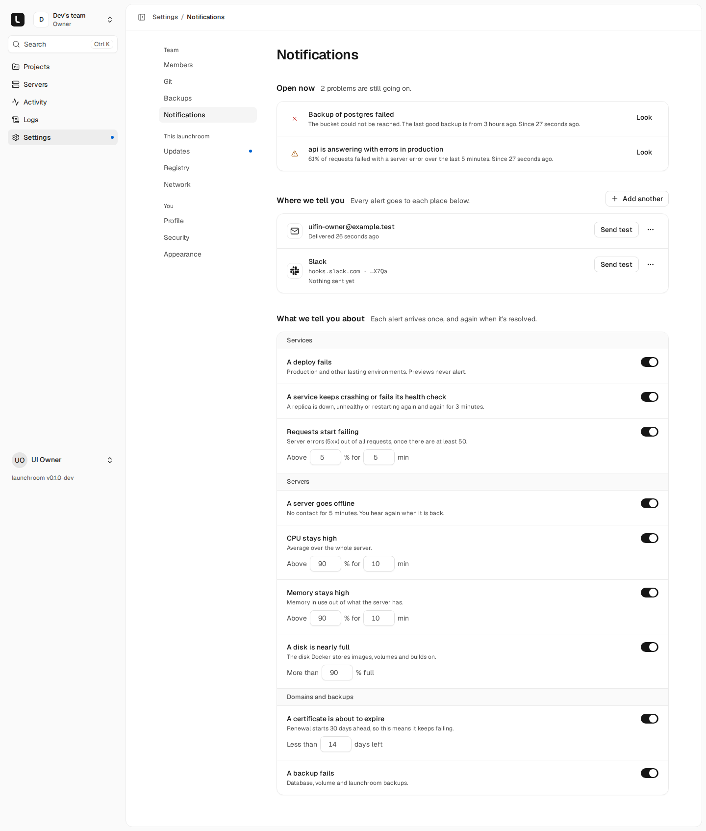 Notifications settings: two open problems, email and Slack destinations with Send test, and alert rules for failed deploys, crashing services, request errors, offline servers, high CPU and memory, full disks, expiring certificates and failed backups.