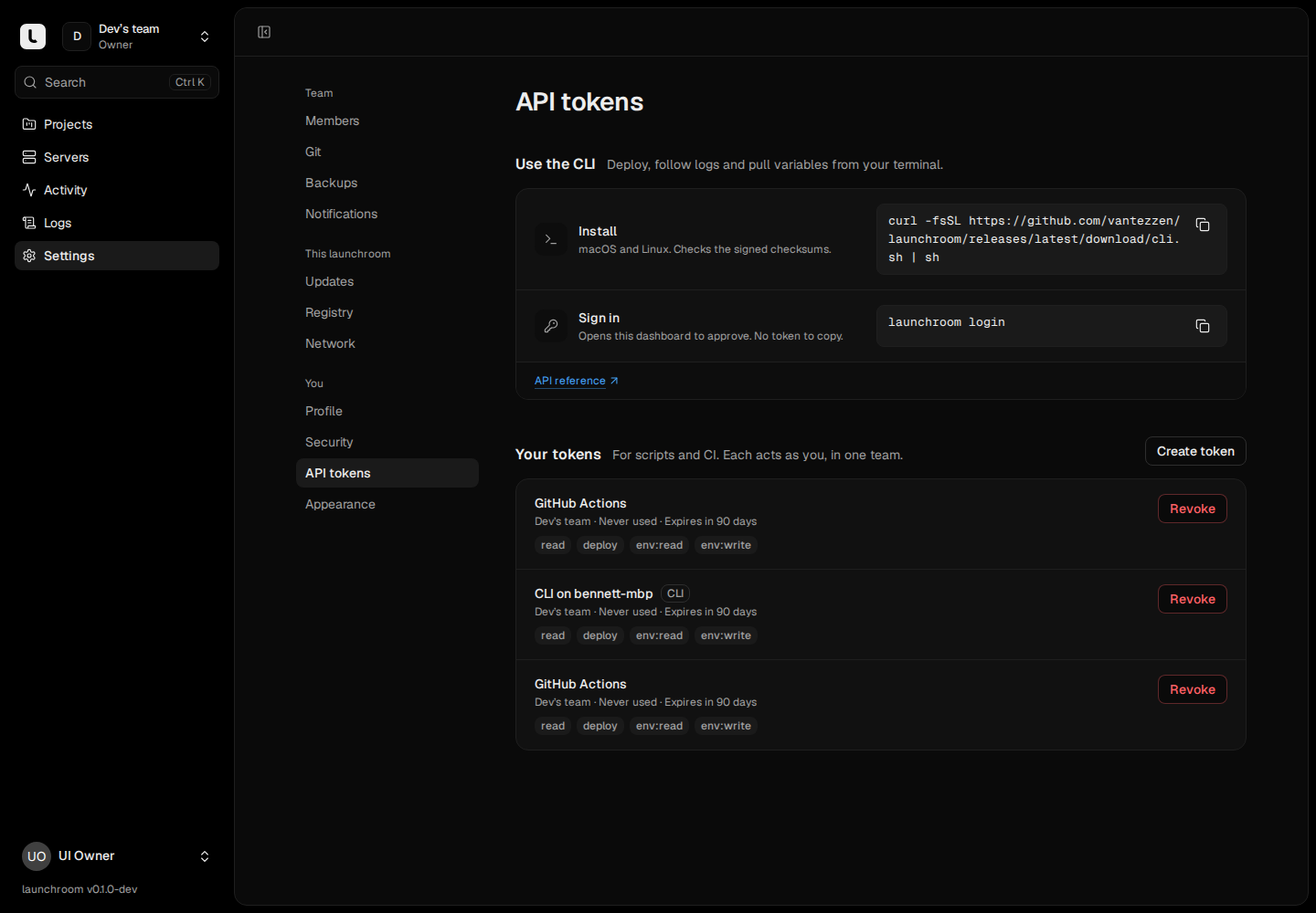 API tokens page: CLI install command and launchroom login, and a GitHub Actions token with read, deploy, env:read and env:write scopes and a Revoke button.