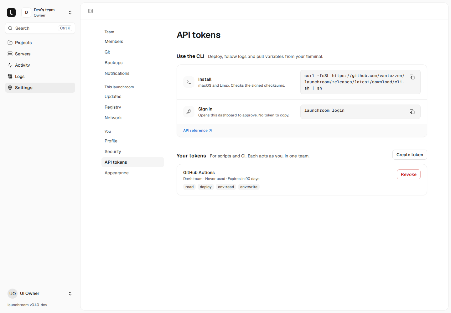 API tokens page: CLI install command and launchroom login, and a GitHub Actions token with read, deploy, env:read and env:write scopes and a Revoke button.