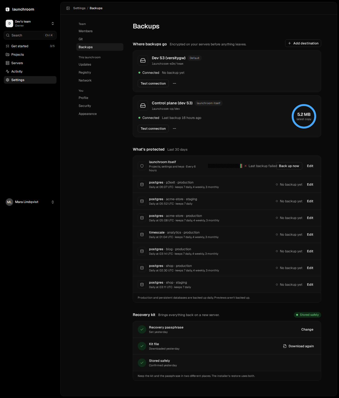 Backups settings: two S3 destinations, a list of protected databases with schedules, and a Recovery kit section with passphrase set, kit file downloaded and stored safely.