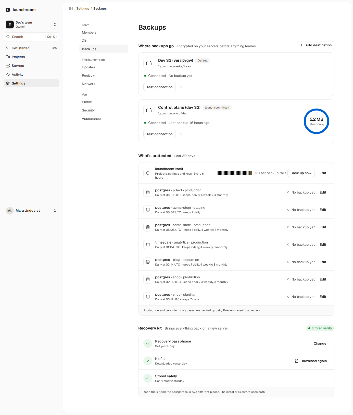 Backups settings: two S3 destinations, a list of protected databases with schedules, and a Recovery kit section with passphrase set, kit file downloaded and stored safely.
