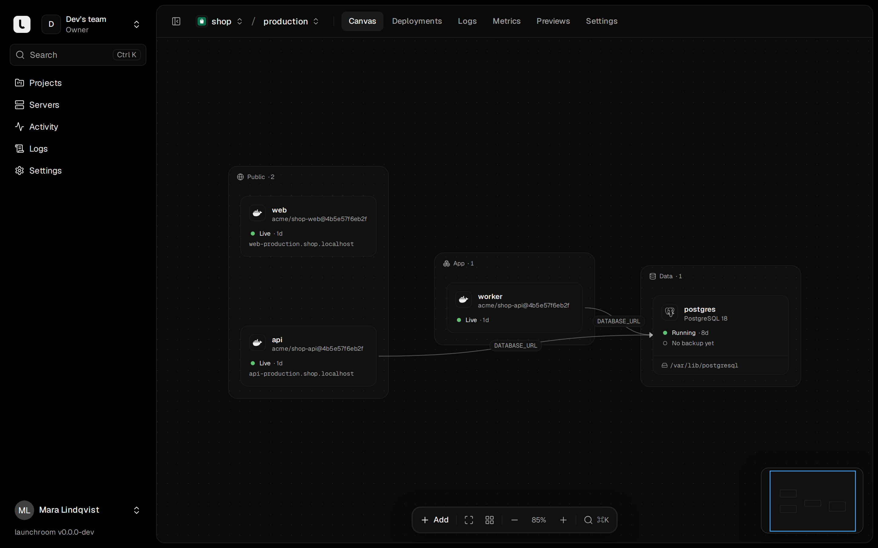 Project canvas for the shop project in production: web and api in a Public group, a worker in an App group and a PostgreSQL 18 database in a Data group, connected by DATABASE_URL. Every service shows Live or Running.