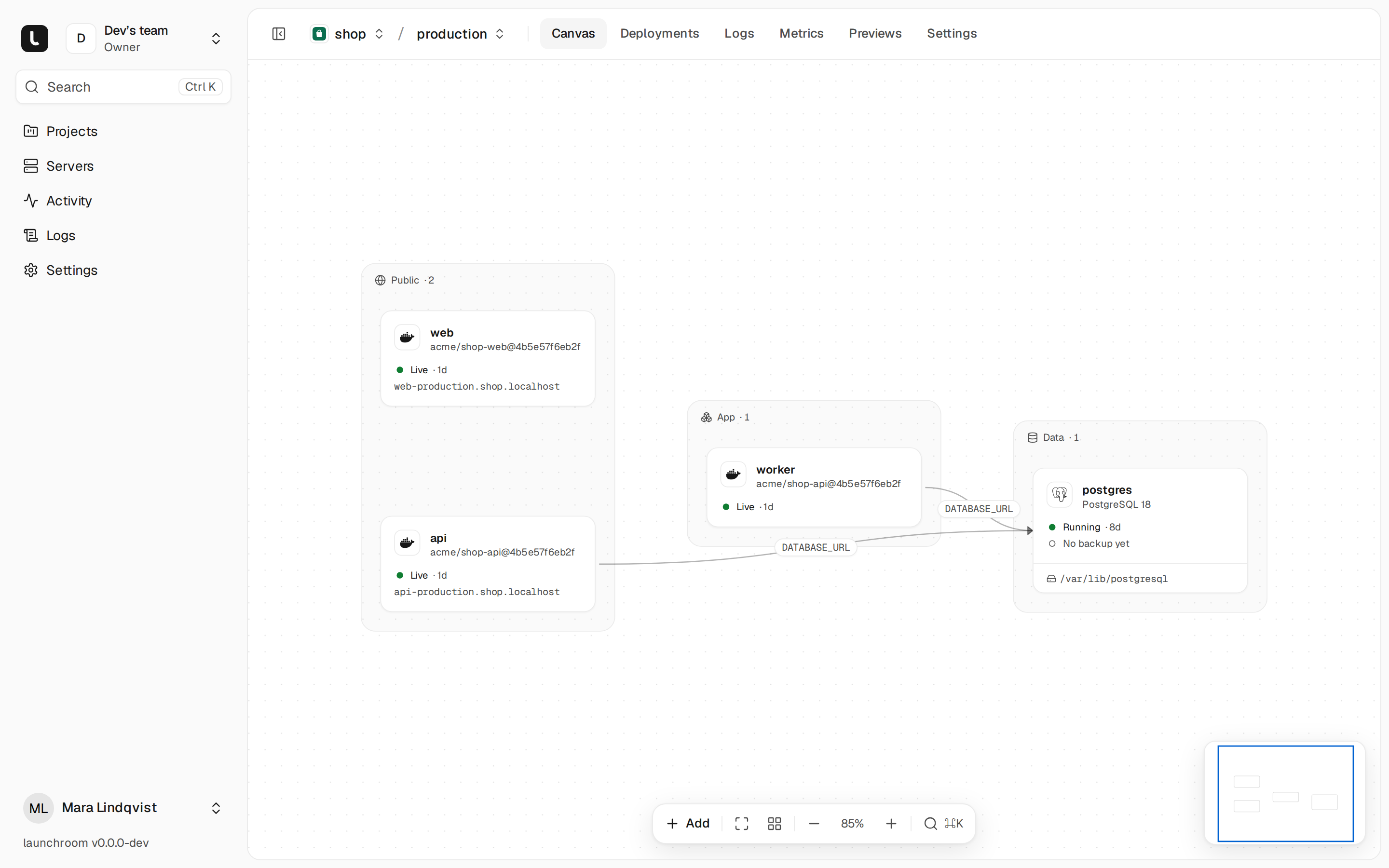 Project canvas for the shop project in production: web and api in a Public group, a worker in an App group and a PostgreSQL 18 database in a Data group, connected by DATABASE_URL. Every service shows Live or Running.
