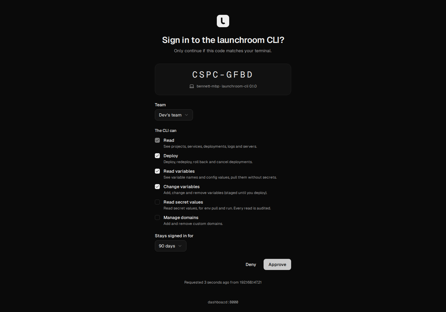 Sign in to the launchroom CLI: a device code WBXH-NDSZ from bennett-mbp, a team picker, permission checkboxes, a session length and Deny and Approve buttons.