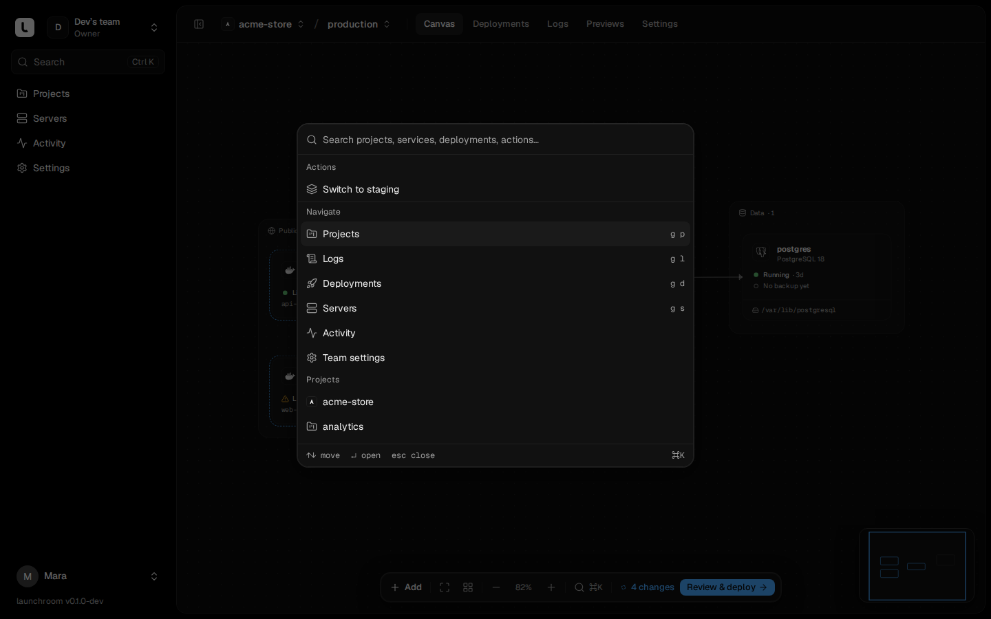 Command palette over the canvas with a search field, an action to switch to staging, navigation shortcuts like g p for Projects, and a list of projects.