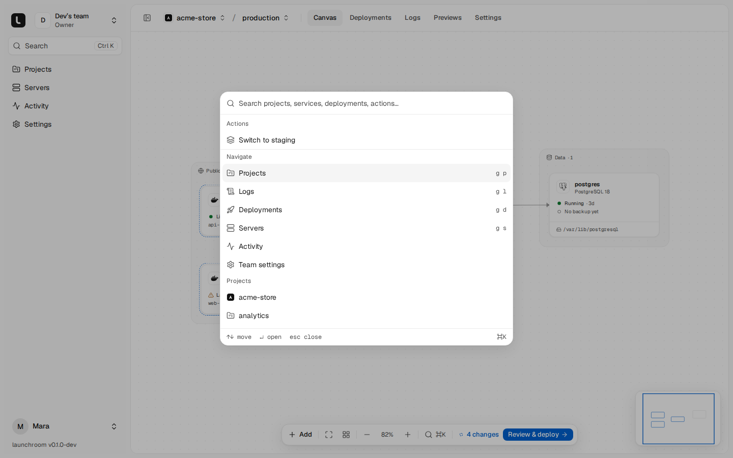 Command palette over the canvas with a search field, an action to switch to staging, navigation shortcuts like g p for Projects, and a list of projects.