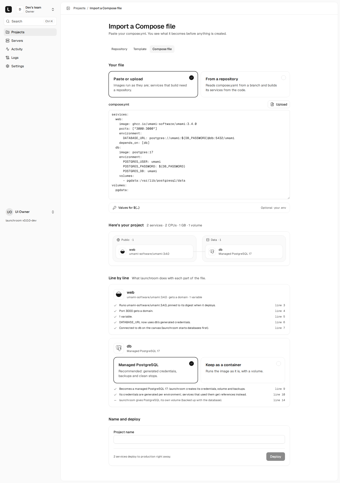 Import a Compose file: a pasted compose.yml for Umami and Postgres, a preview of the resulting project, and a line-by-line explanation of what launchroom does with each part, with Postgres turned into a managed database.
