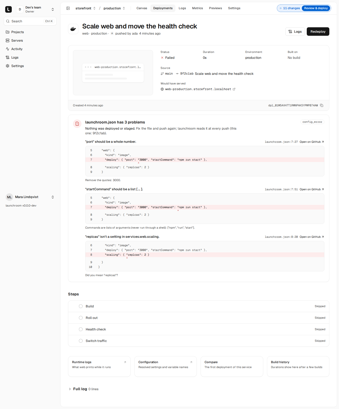 Failed deployment 'Scale web and move the health check': launchroom.json has 3 problems, each with the file line highlighted, a caret at the error and a fix such as 'Remove the quotes: 3000' or 'Did you mean replicas?'.