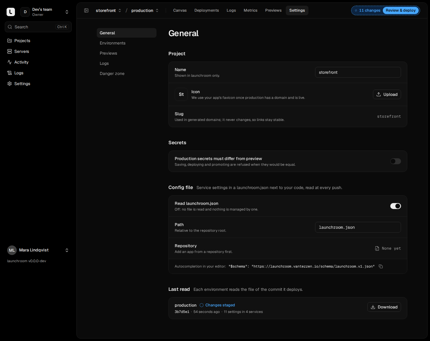 Project General settings with a Config file section: Read launchroom.json on, path launchroom.json, a schema line for editor autocompletion, and the last read showing changes staged.