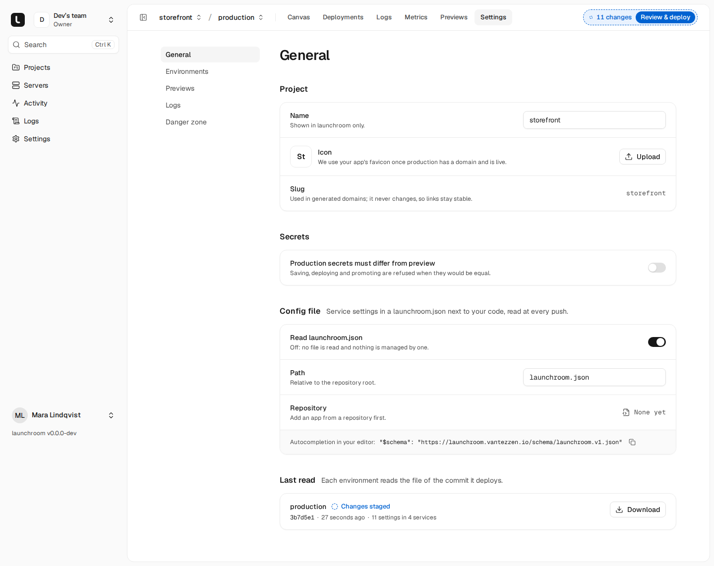 Project General settings with a Config file section: Read launchroom.json on, path launchroom.json, a schema line for editor autocompletion, and the last read showing changes staged.