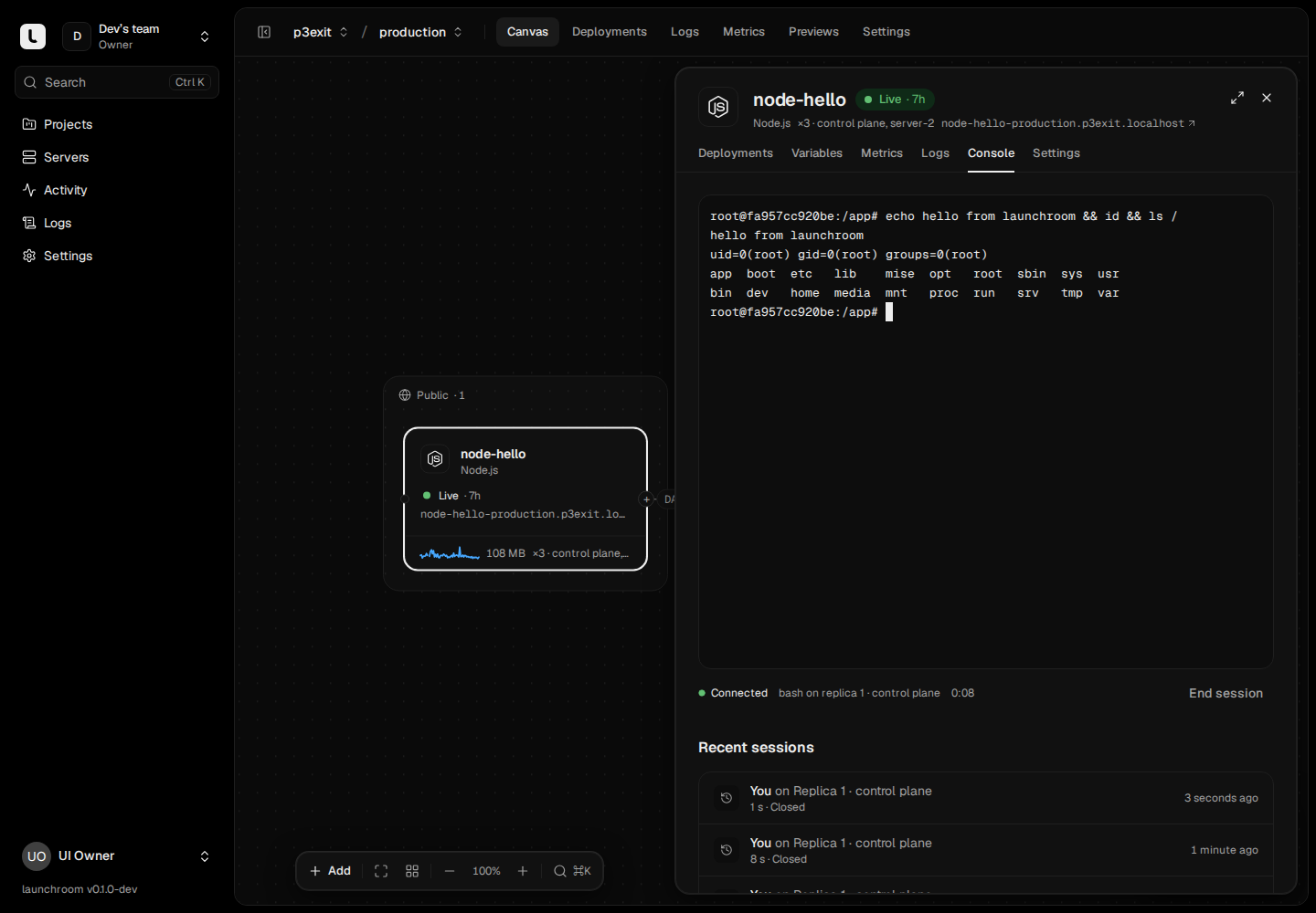 Console tab of node-hello: a live shell on replica 1 on control plane after running echo, id and ls, with session status and a list of recent sessions.