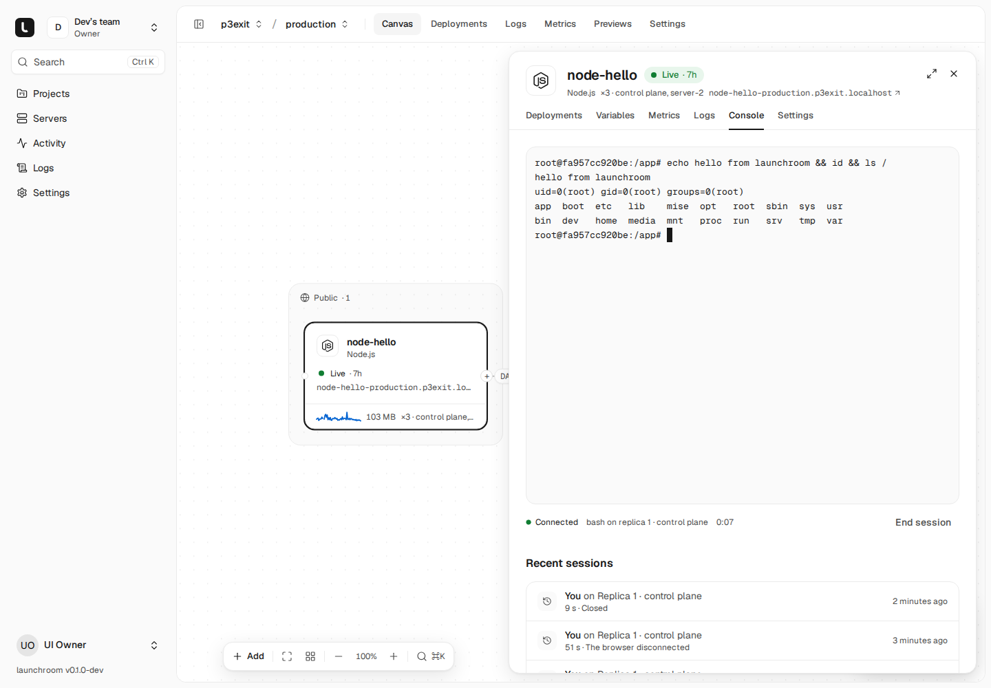 Console tab of node-hello: a live shell on replica 1 on control plane after running echo, id and ls, with session status and a list of recent sessions.