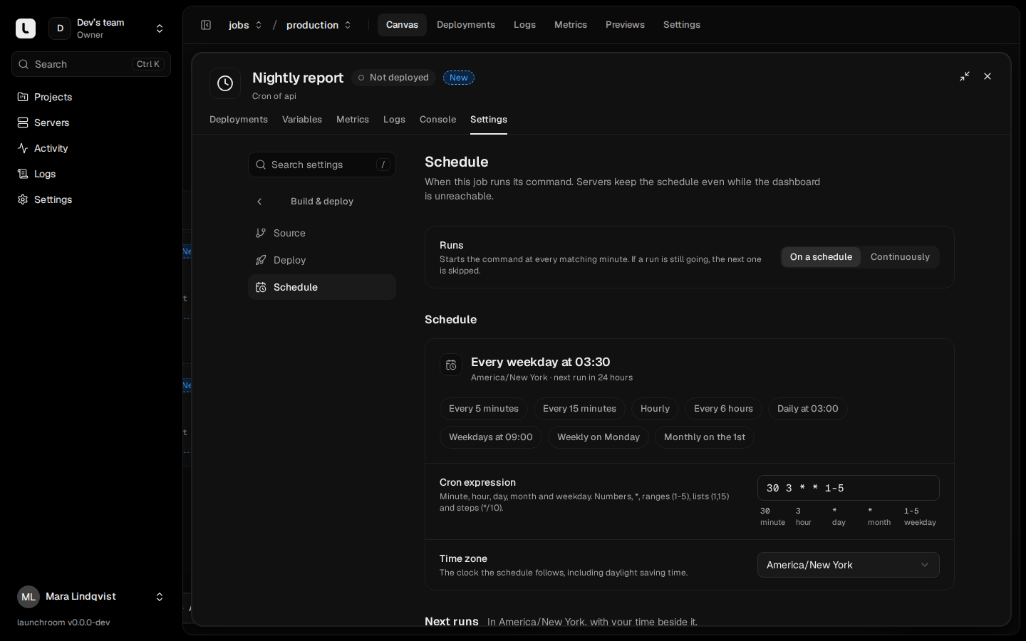 Schedule settings for a Nightly report job: runs on a schedule, every weekday at 03:30 America/New York, preset chips, the cron expression 30 3 * * 1-5 broken into fields, and a time zone picker.