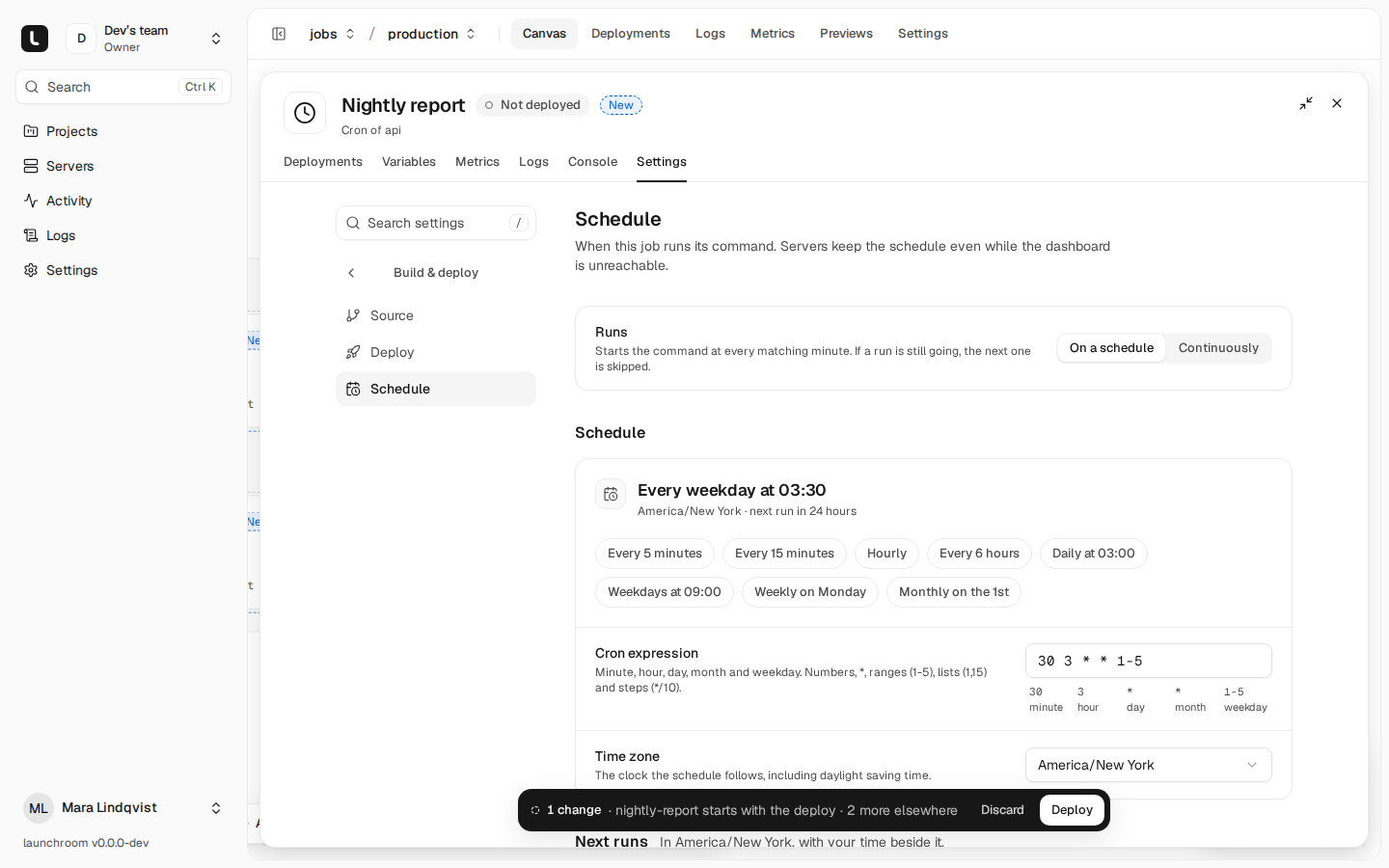 Schedule settings for a Nightly report job: runs on a schedule, every weekday at 03:30 America/New York, preset chips, the cron expression 30 3 * * 1-5 broken into fields, and a time zone picker.