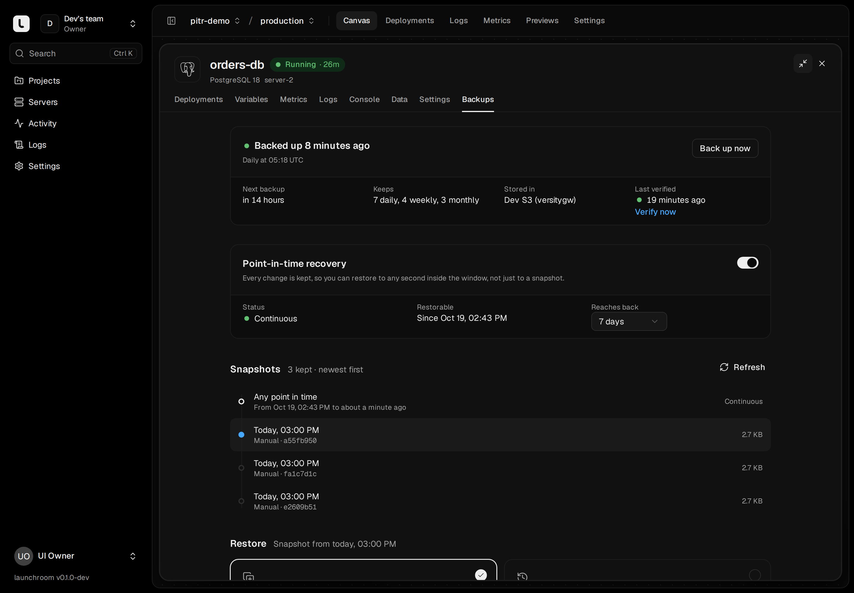 Backups tab of orders-db: backed up 7 minutes ago, daily schedule, retention 7 daily, 4 weekly, 3 monthly, last verified 19 minutes ago, point-in-time recovery on with a 7-day window, and a snapshot list.