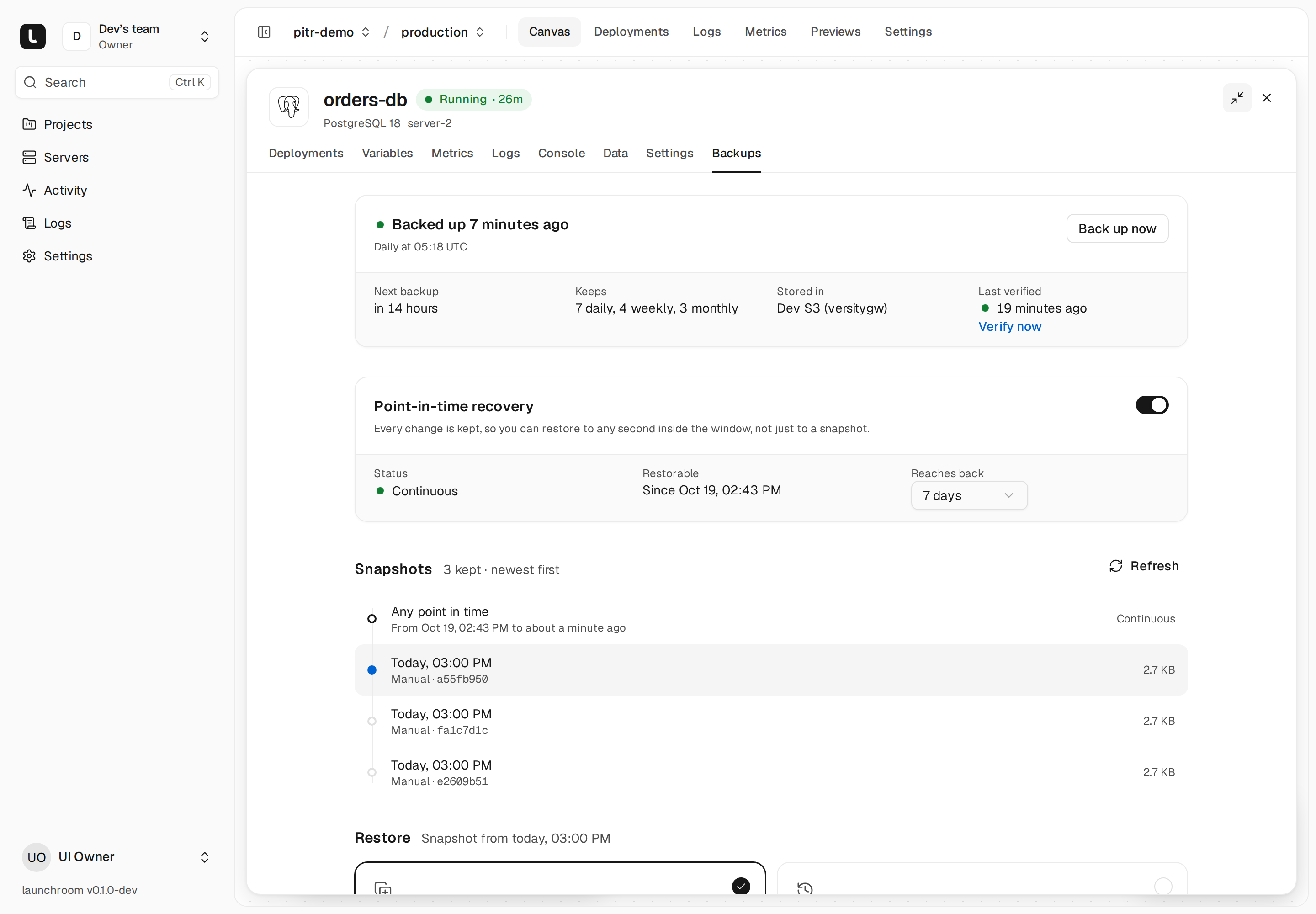 Backups tab of orders-db: backed up 7 minutes ago, daily schedule, retention 7 daily, 4 weekly, 3 monthly, last verified 19 minutes ago, point-in-time recovery on with a 7-day window, and a snapshot list.