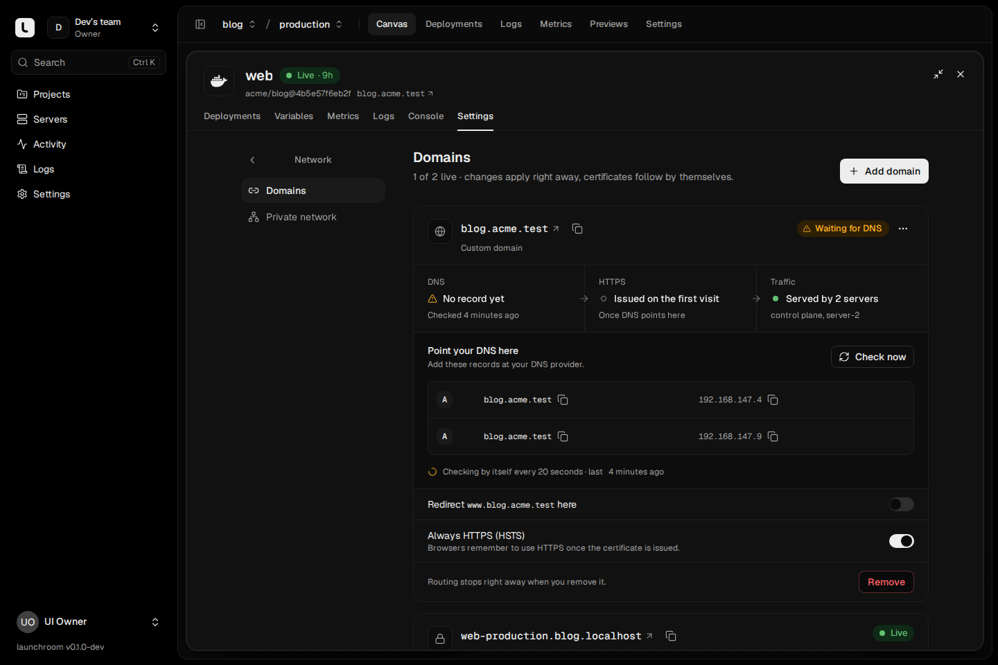 Domains settings for web: blog.acme.test waiting for DNS with the A records to add and a Check now button, HTTPS issued on first visit, served by two servers, plus HSTS and redirect toggles.