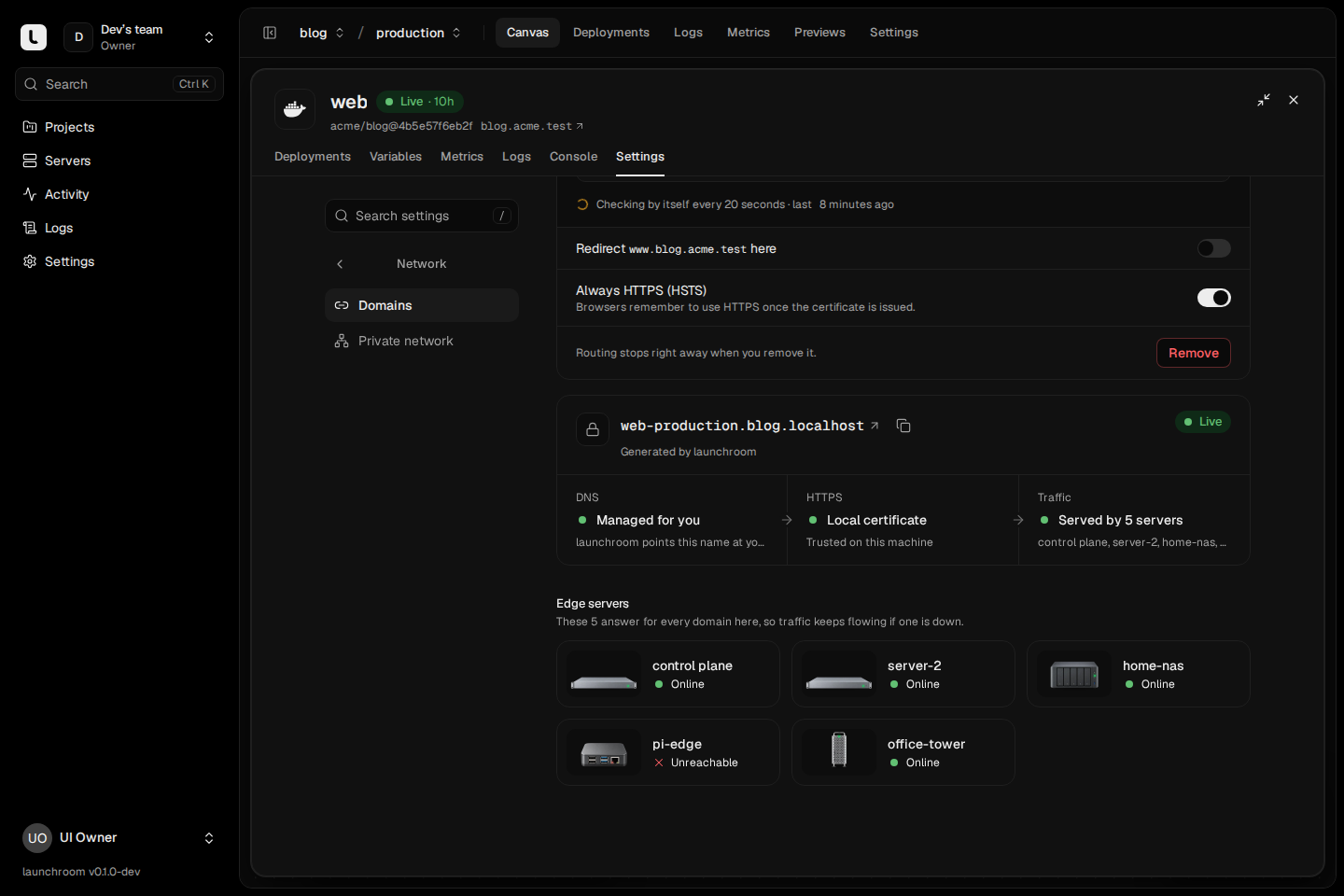 Domain settings scrolled to the generated domain, Live, with DNS managed, a local certificate and traffic served by 5 servers, and edge server cards for control plane, server-2, home-nas, pi-edge and office-tower.