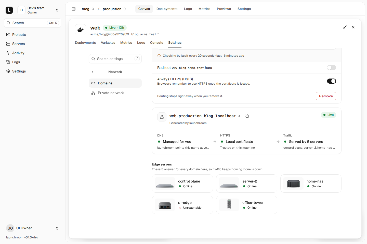 Domain settings scrolled to the generated domain, Live, with DNS managed, a local certificate and traffic served by 5 servers, and edge server cards for control plane, server-2, home-nas, pi-edge and office-tower.