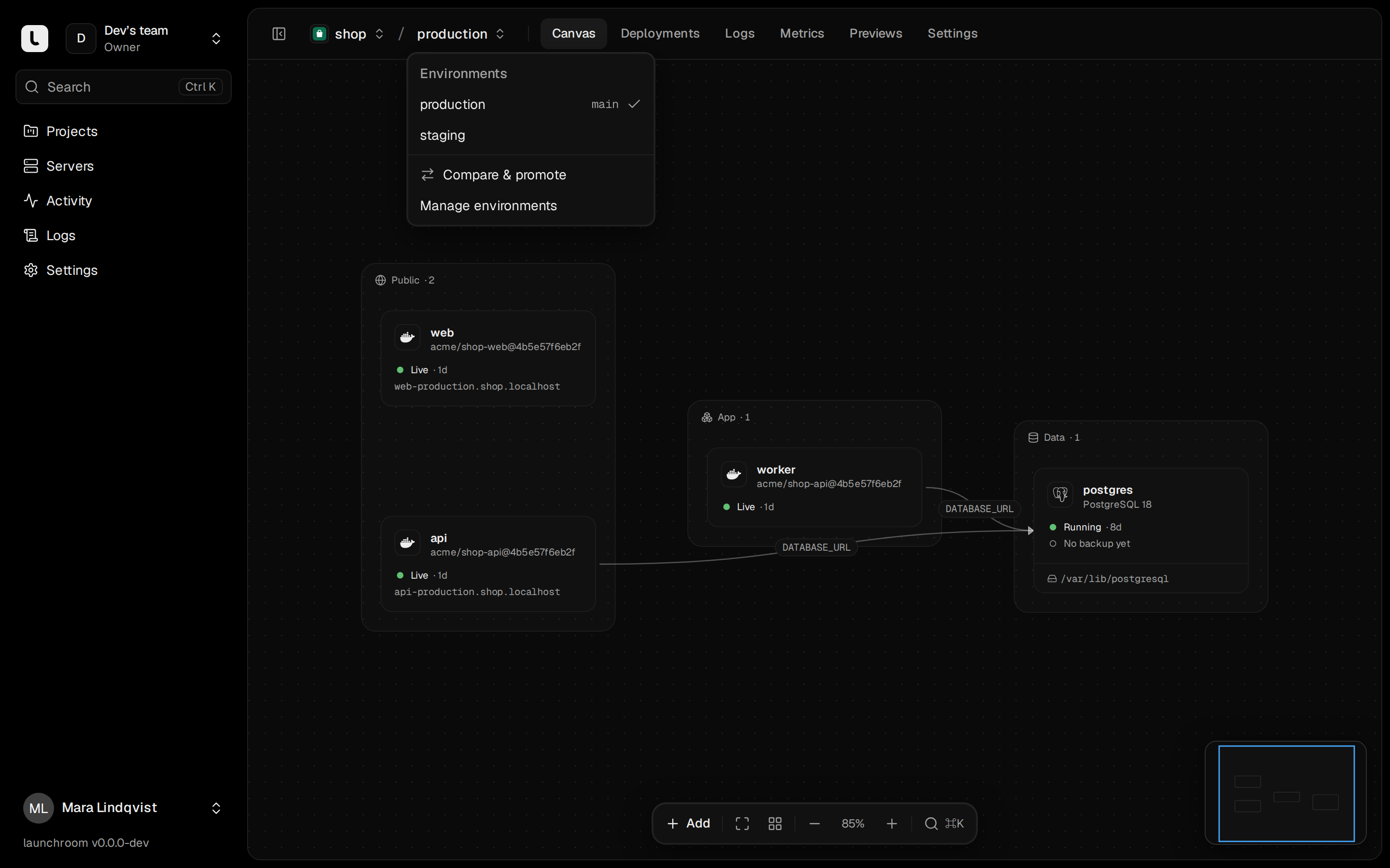 The environment menu open in the project top bar: production (branch main) selected, staging, Compare & promote and Manage environments.