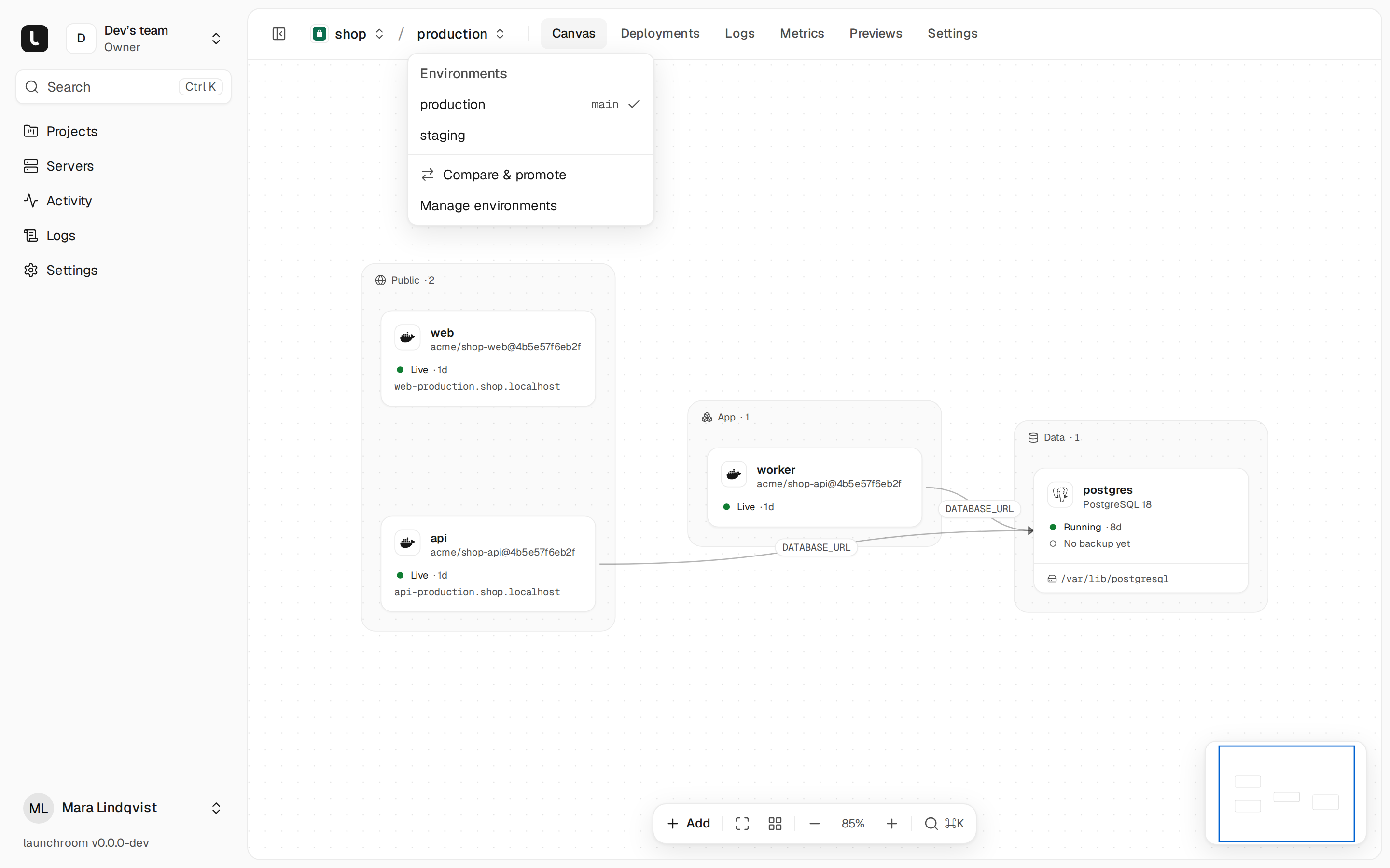 The environment menu open in the project top bar: production (branch main) selected, staging, Compare & promote and Manage environments.