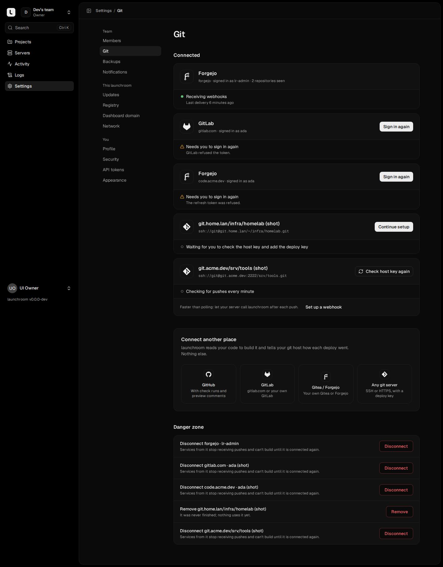 Git settings: connected Forgejo, GitLab and a second Forgejo, plus two plain git servers, and a Connect another place section for GitHub, GitLab, Gitea or Forgejo, and any git server.