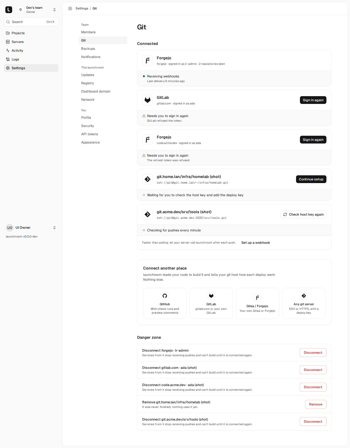 Git settings: connected Forgejo, GitLab and a second Forgejo, plus two plain git servers, and a Connect another place section for GitHub, GitLab, Gitea or Forgejo, and any git server.