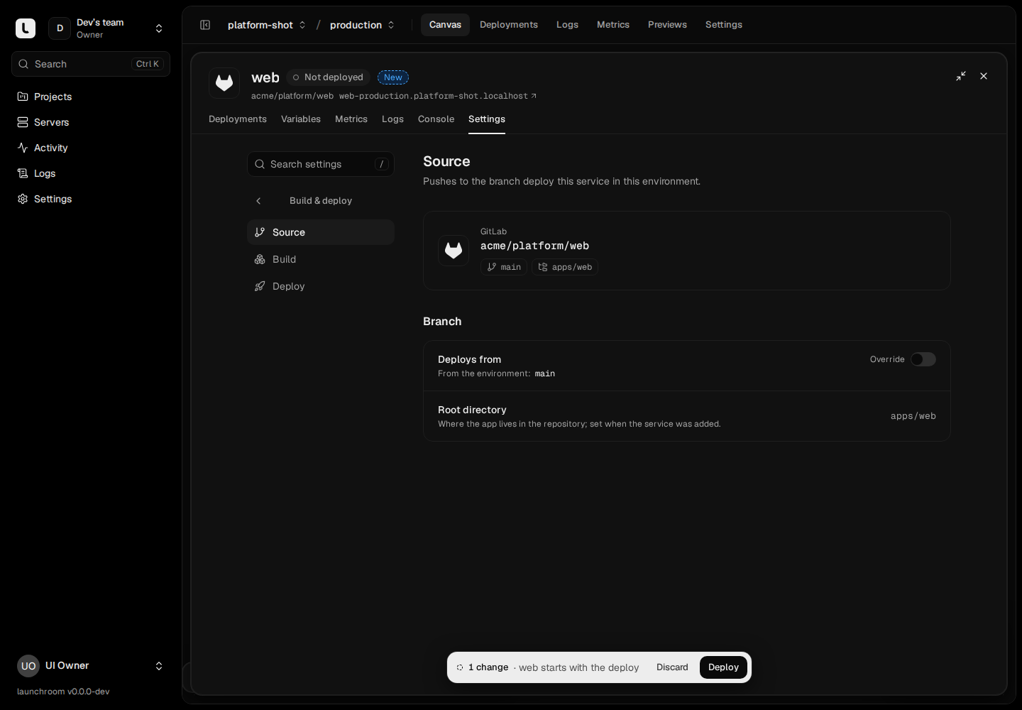 Source settings of a web service built from GitLab repository acme/platform/web on branch main with root directory apps/web.