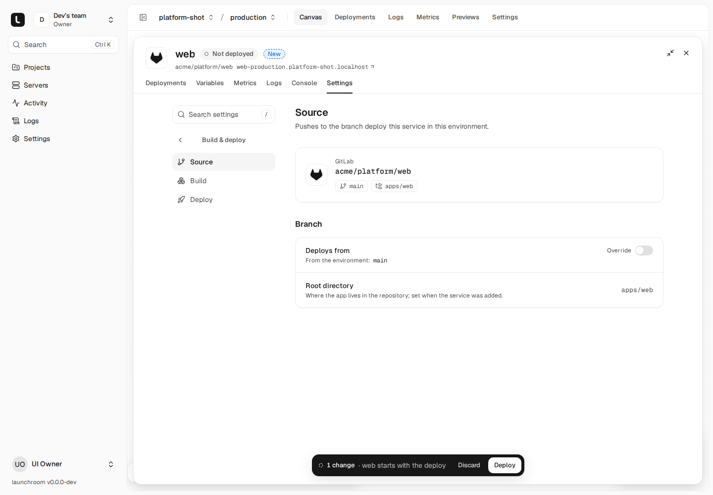 Source settings of a web service built from GitLab repository acme/platform/web on branch main with root directory apps/web.