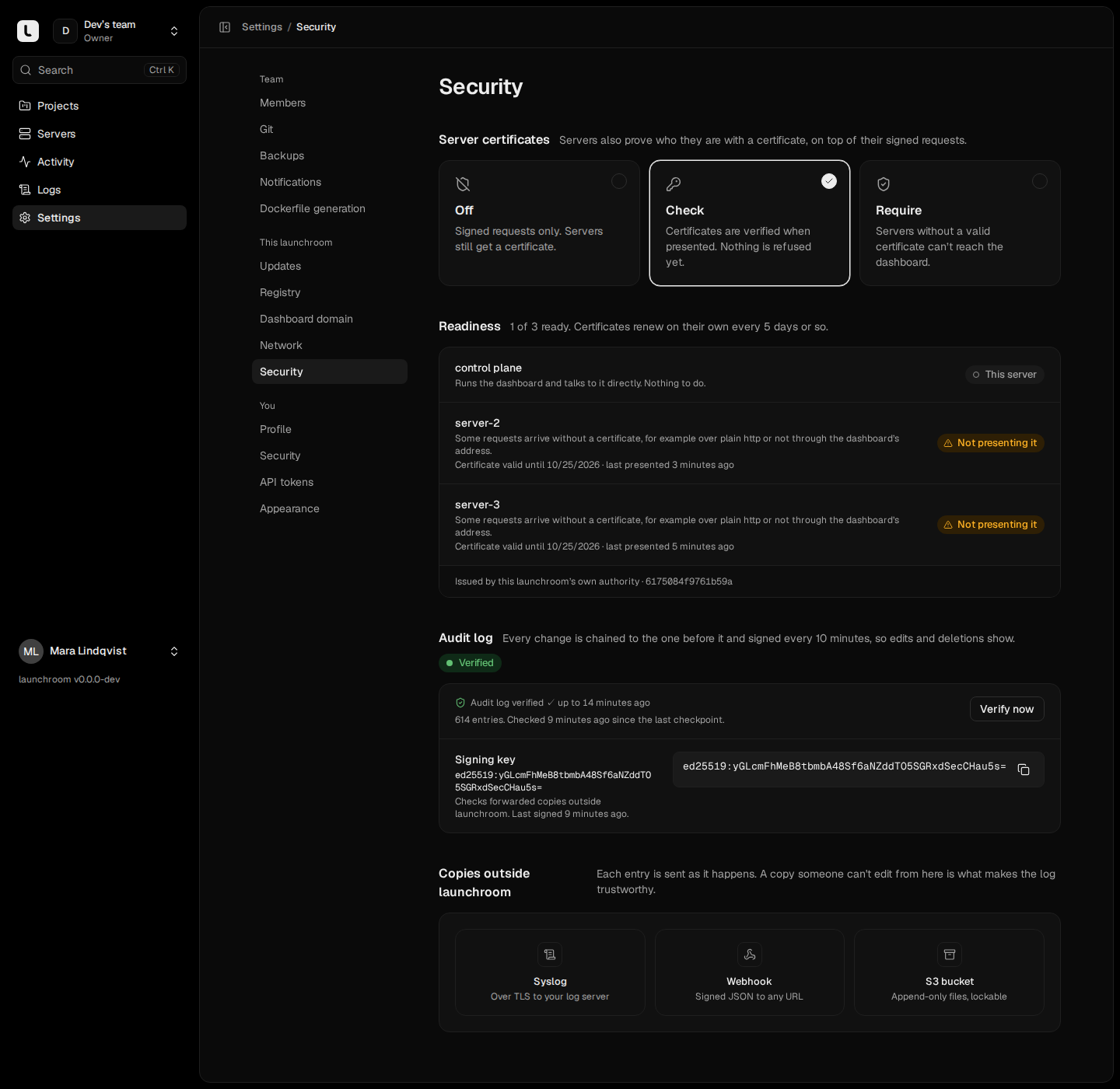 Team security settings: server certificates set to Check, readiness for control plane, server-2 and server-3, an audit log verified with 614 chained entries and its signing key, and destinations for copies outside launchroom.