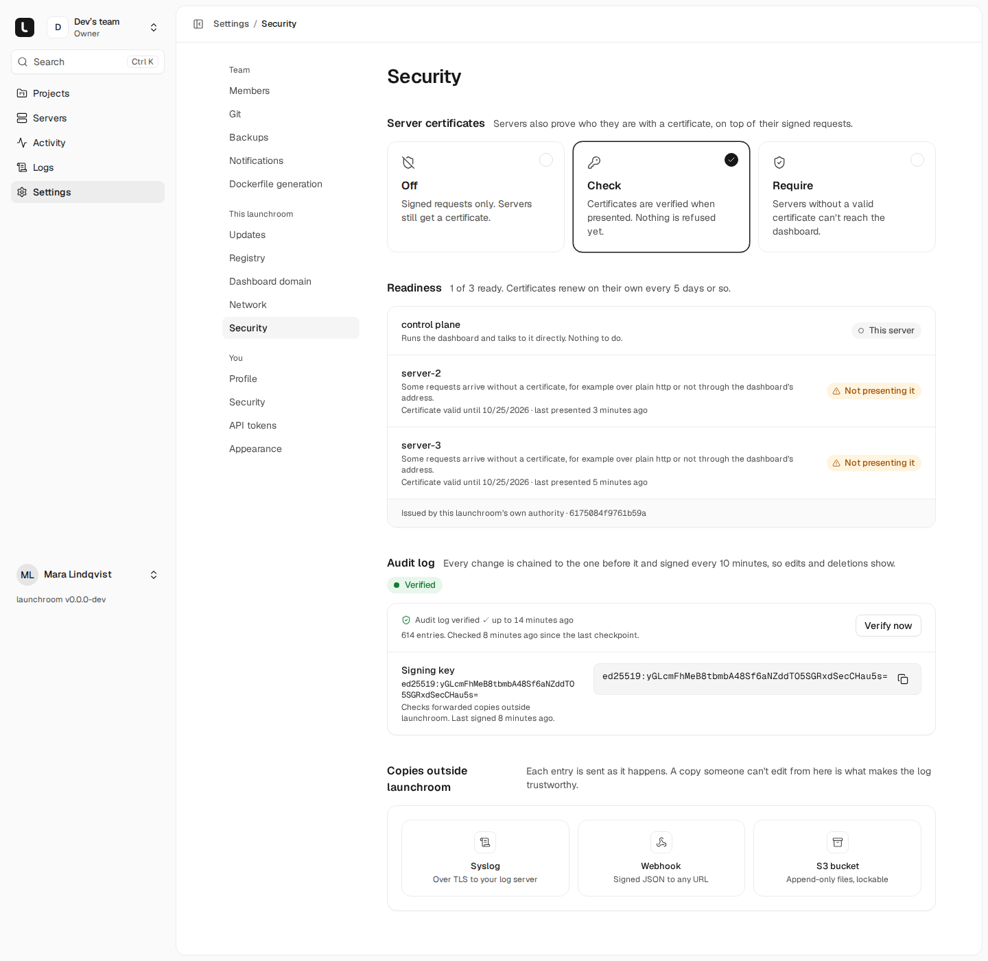Team security settings: server certificates set to Check, readiness for control plane, server-2 and server-3, an audit log verified with 614 chained entries and its signing key, and destinations for copies outside launchroom.