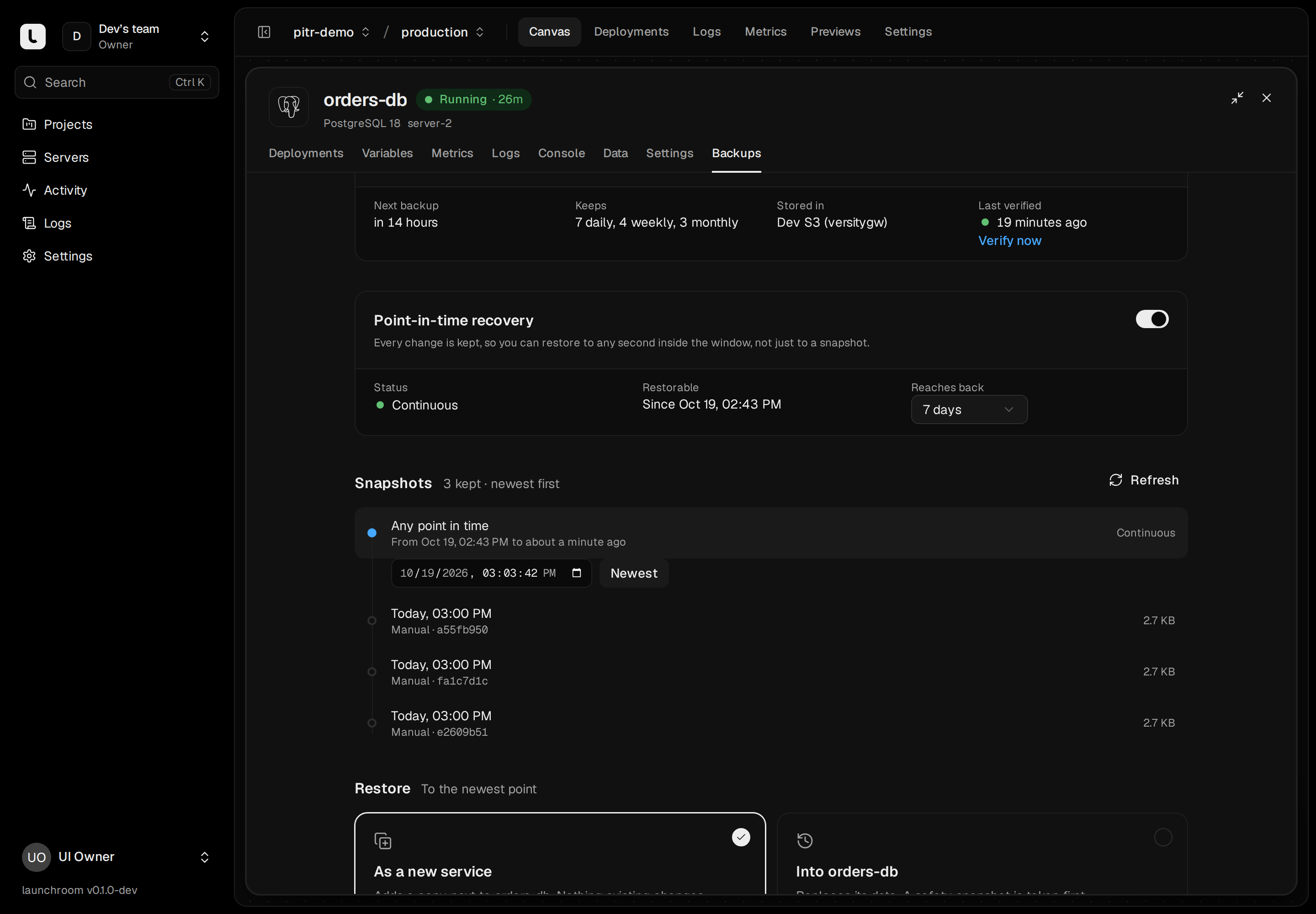 Snapshot list with 'Any point in time' selected and a date-time picker set to a second inside the recovery window, above the restore options.