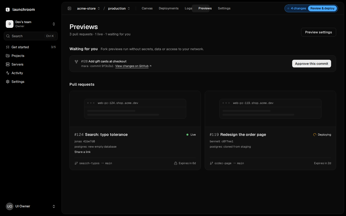 Previews page: a fork pull request #128 waiting for approval, and cards for PR #124 (Live, new empty database) and PR #119 (Deploying, database cloned from staging) with their preview URLs and expiry.
