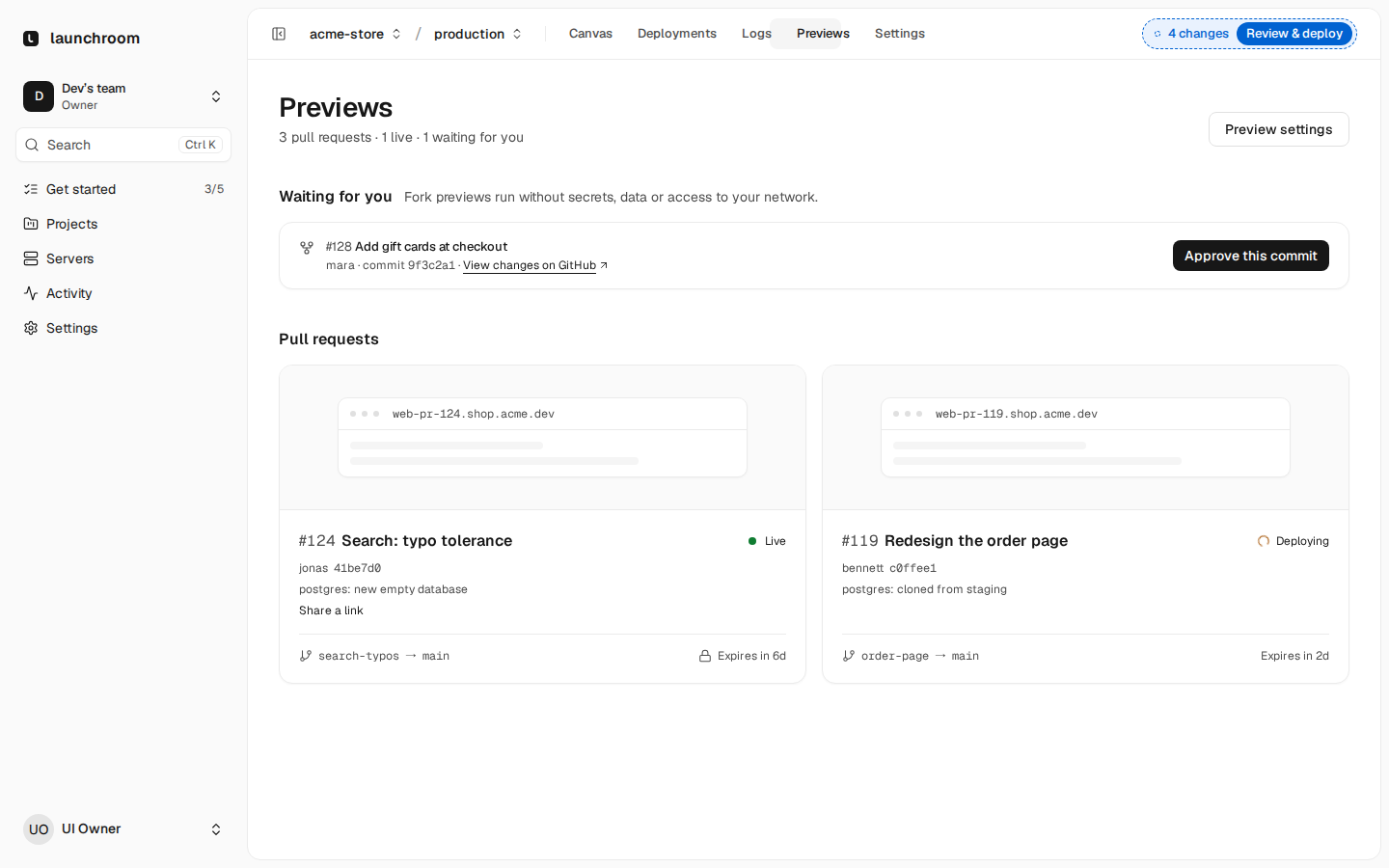 Previews page: a fork pull request #128 waiting for approval, and cards for PR #124 (Live, new empty database) and PR #119 (Deploying, database cloned from staging) with their preview URLs and expiry.