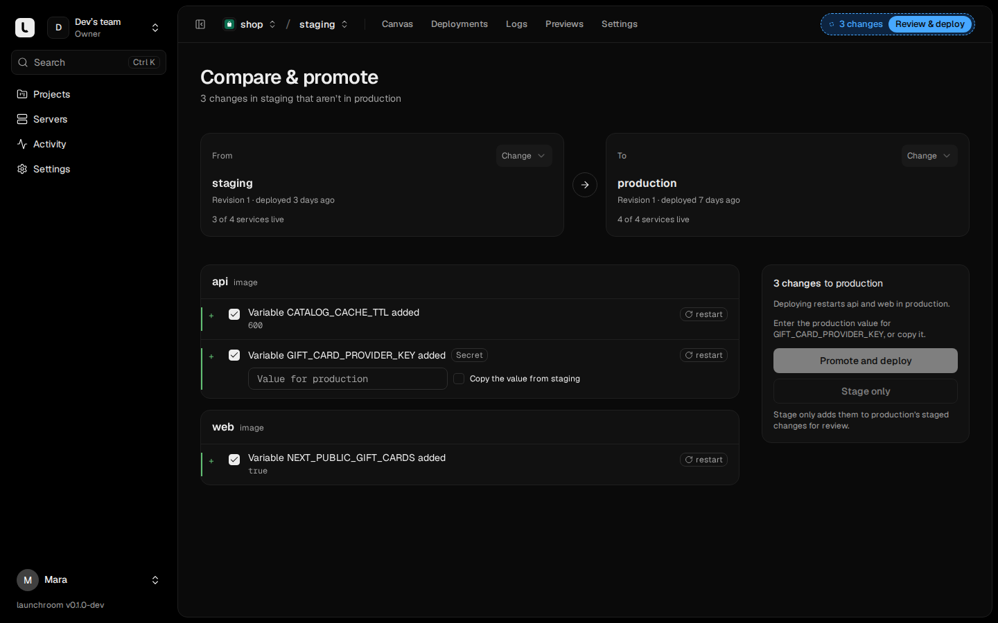 Compare and promote page from staging to production with three variable changes to api and web, a secret that needs a production value, and Promote and deploy and Stage only buttons.