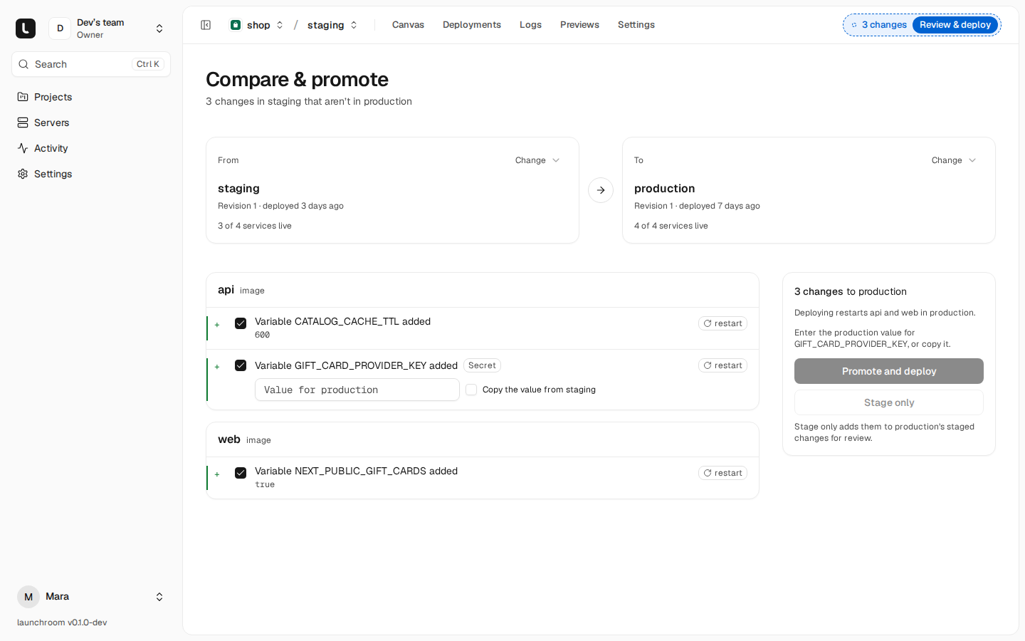 Compare and promote page from staging to production with three variable changes to api and web, a secret that needs a production value, and Promote and deploy and Stage only buttons.
