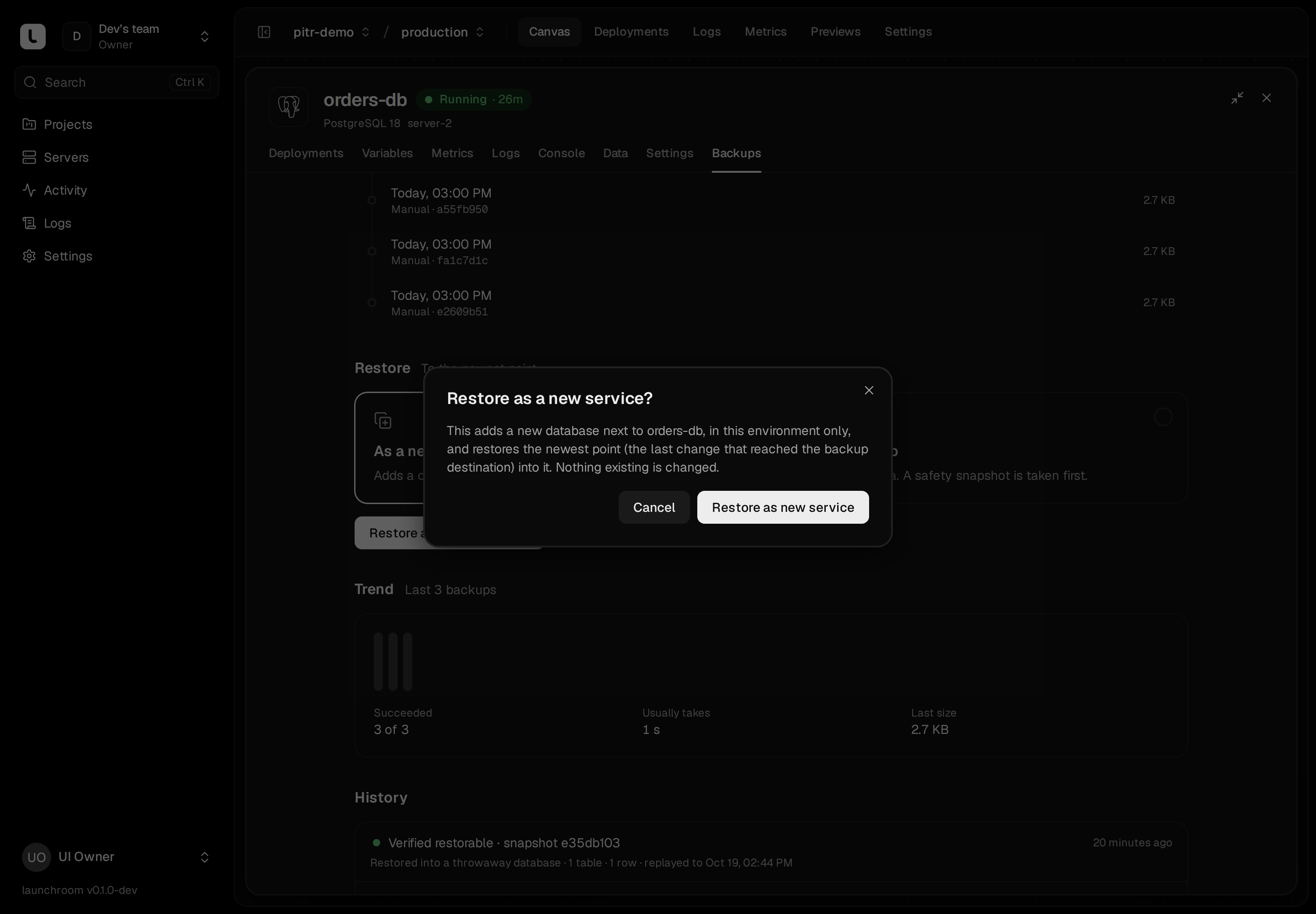 Confirmation dialog 'Restore as a new service?' explaining that a new database is added next to orders-db and nothing existing changes, with Cancel and Restore as new service buttons.