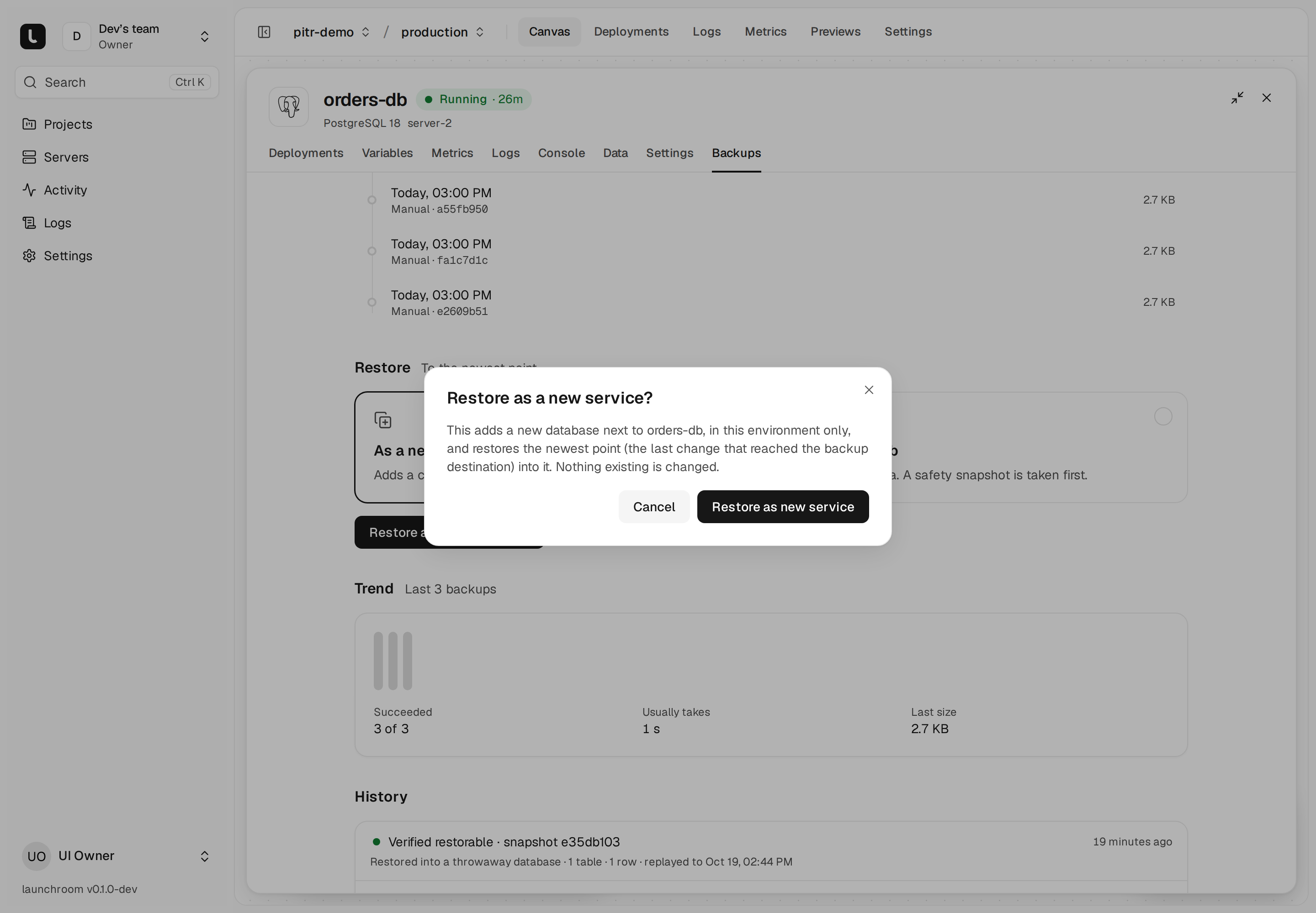 Confirmation dialog 'Restore as a new service?' explaining that a new database is added next to orders-db and nothing existing changes, with Cancel and Restore as new service buttons.