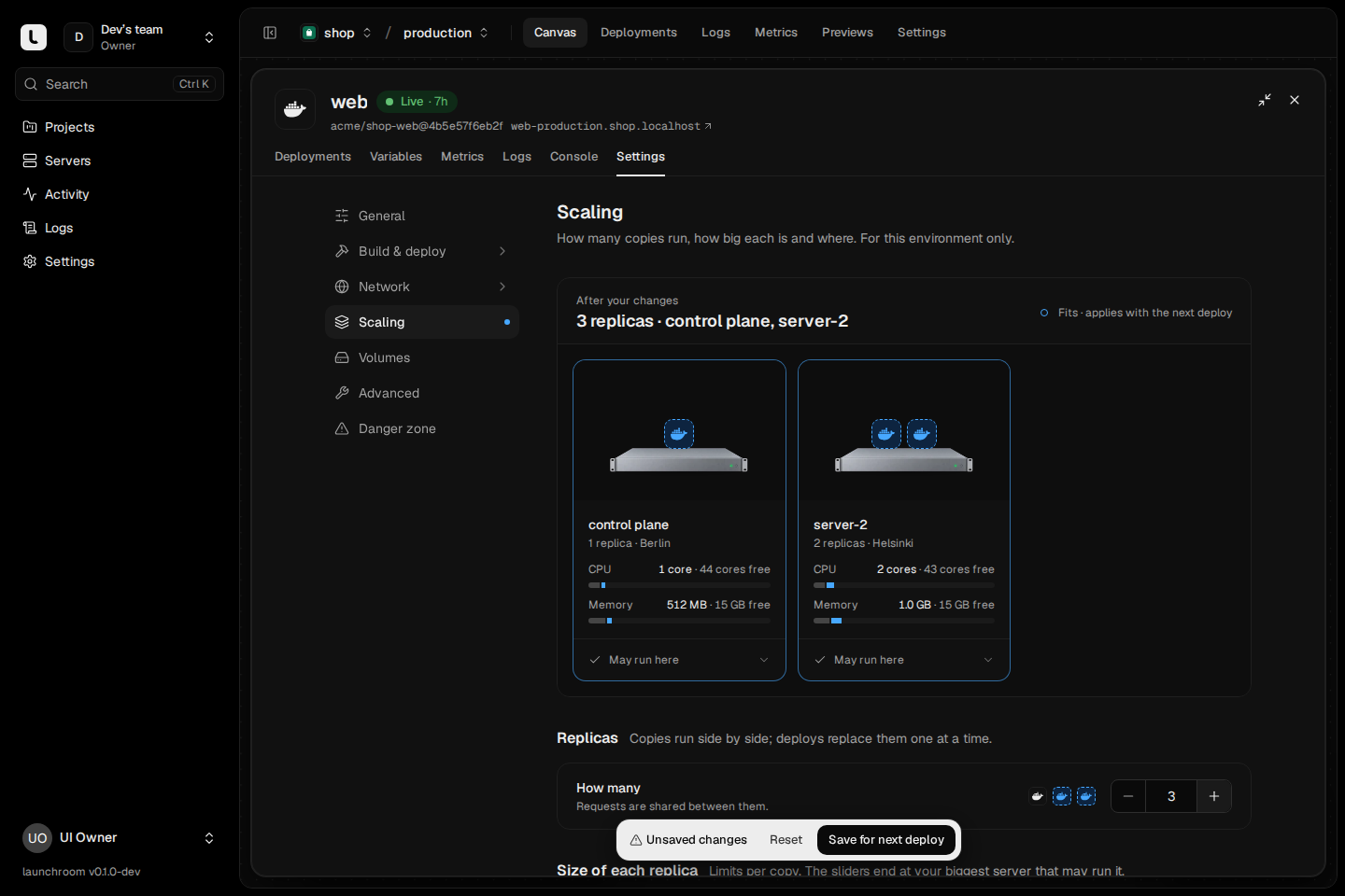 Scaling settings for web after an unsaved change: 3 replicas spread over control plane (1) and server-2 (2), server cards with CPU and memory headroom, a replica counter at 3 and a Save for next deploy bar.