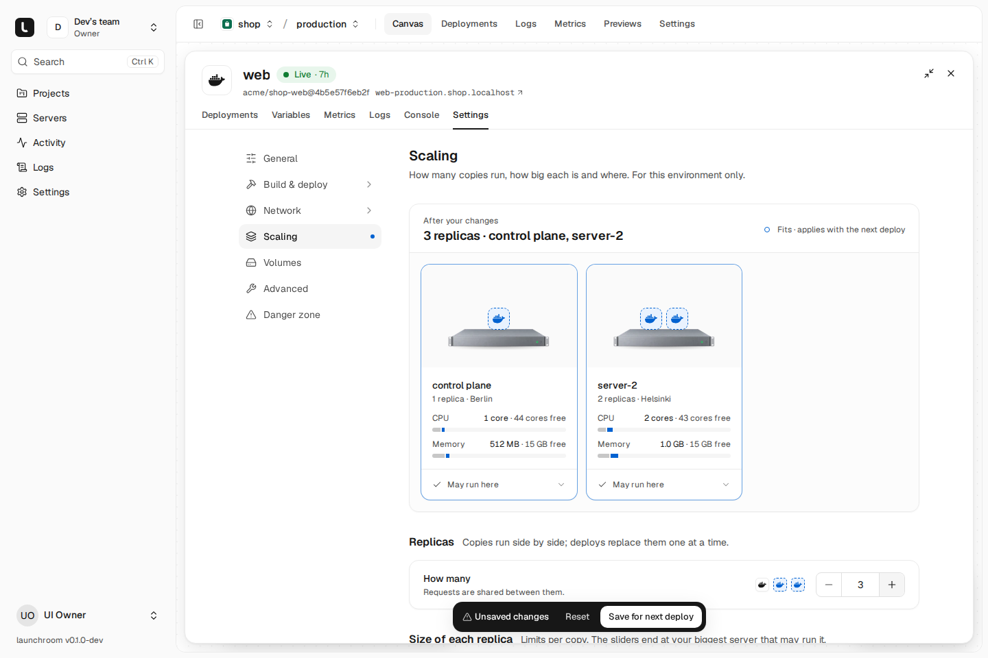 Scaling settings for web after an unsaved change: 3 replicas spread over control plane (1) and server-2 (2), server cards with CPU and memory headroom, a replica counter at 3 and a Save for next deploy bar.