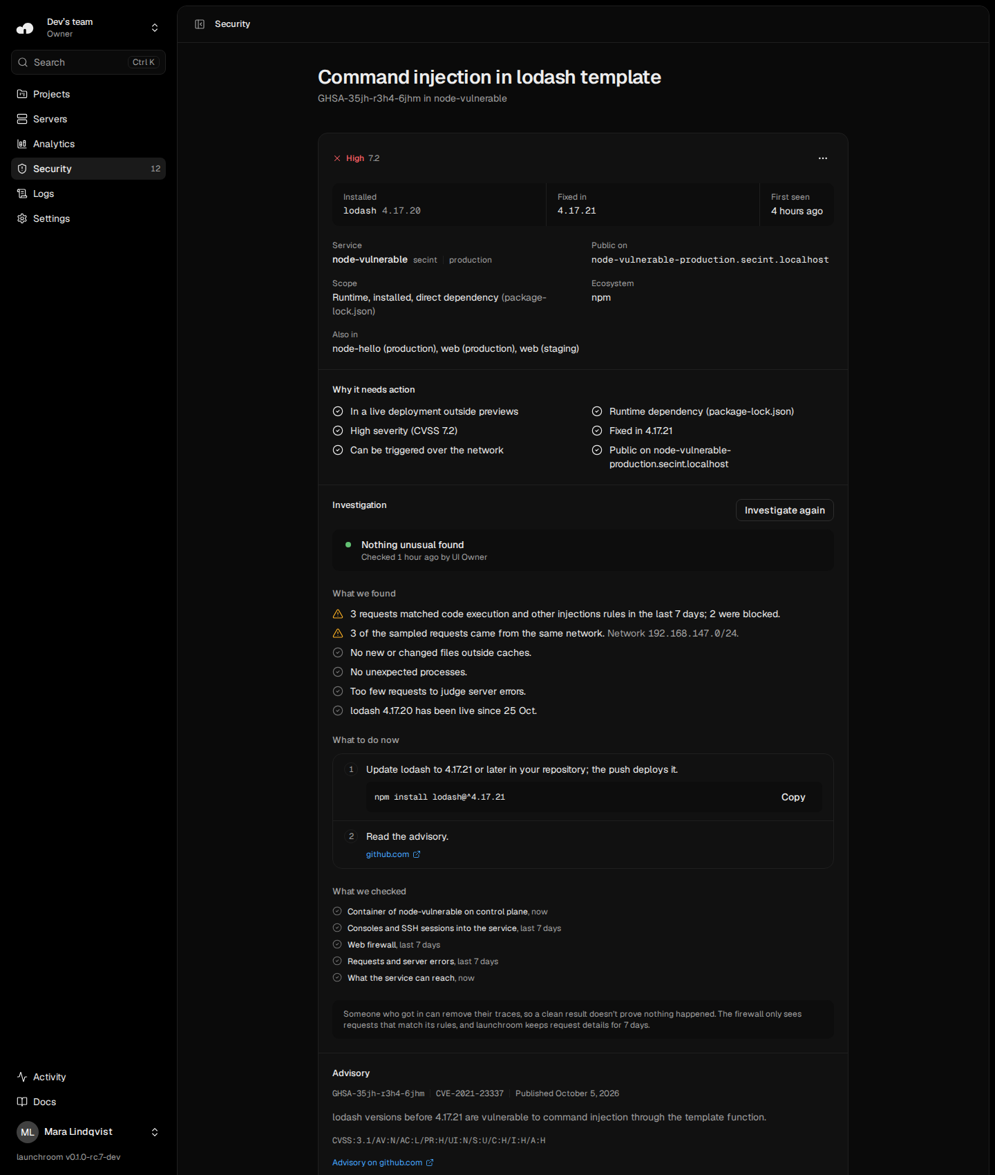 A finding for command injection in lodash 4.17.20: fixed in 4.17.21, a runtime dependency from package-lock.json, the rules it meets, an investigation that found nothing unusual in the container and 3 matching firewall requests, and the npm command to update it