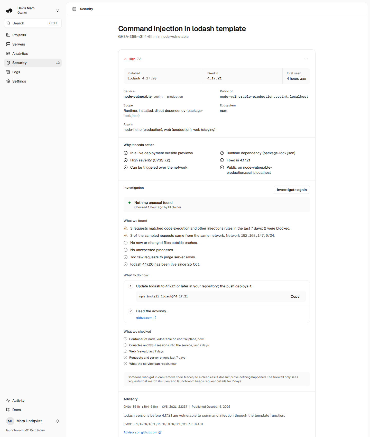 A finding for command injection in lodash 4.17.20: fixed in 4.17.21, a runtime dependency from package-lock.json, the rules it meets, an investigation that found nothing unusual in the container and 3 matching firewall requests, and the npm command to update it