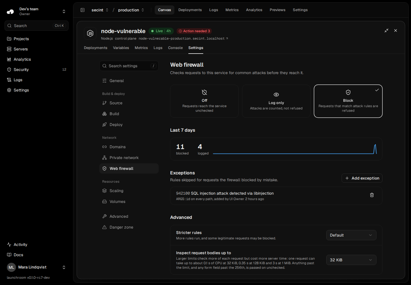 Web firewall settings of a service in Block: mode tiles Off, Log only and Block, 11 blocked and 4 logged requests in the last 7 days, an exception for rule 942100 on ARGS:id, and the stricter rules and request body settings
