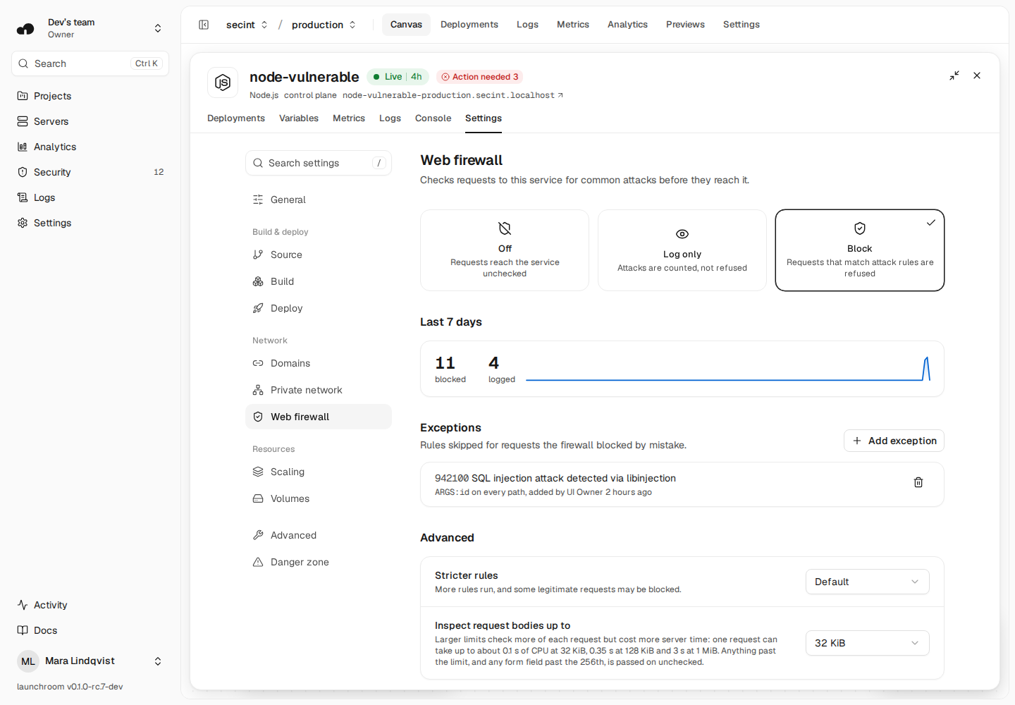 Web firewall settings of a service in Block: mode tiles Off, Log only and Block, 11 blocked and 4 logged requests in the last 7 days, an exception for rule 942100 on ARGS:id, and the stricter rules and request body settings