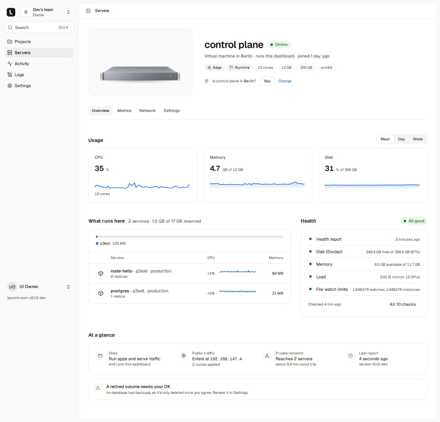 Server detail for control plane: online virtual machine in Berlin with Edge and Runtime roles, CPU, memory and disk usage charts, the services running there, a health checklist that is all good, and an at-a-glance summary.